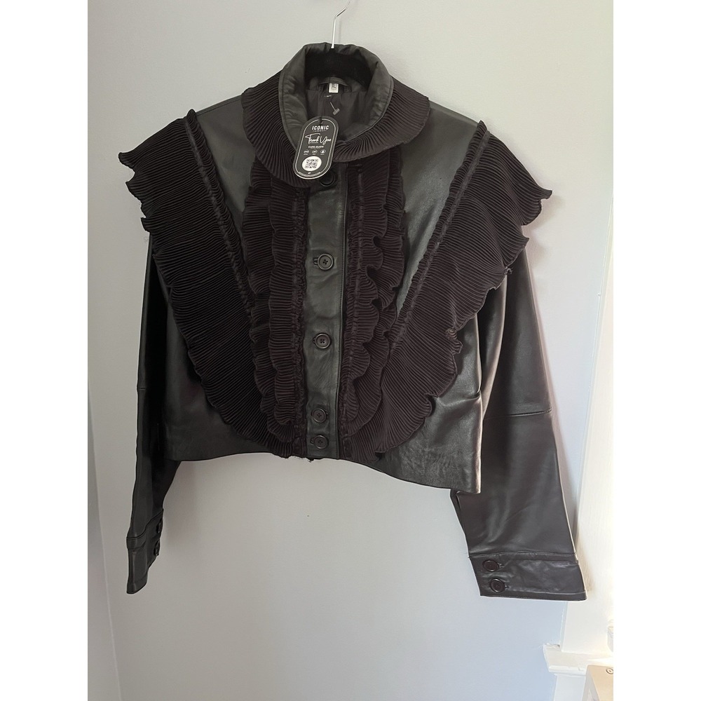 ICONIC JACKET Women's Leather with Satin Ruffle Black Crop Jacket Size XL